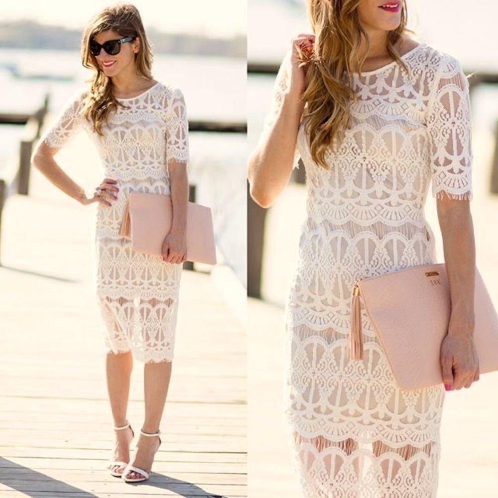 NWT J.O.A. Cream Sheath Midi Dress Short Sleeve Crew Neck